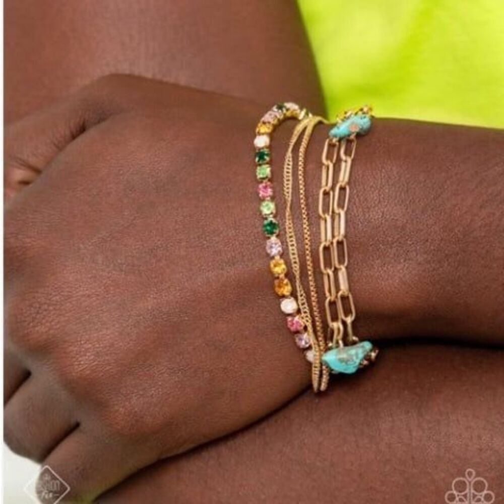 Paparazzi Solid Shimmer Bracelet Multi-Color  Rhinestone Gold Faux Turquoise New